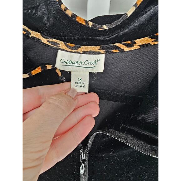 Coldwater Creek Womens Sz 1X Zip Up Velvet Velour Jacket Black w/ Leopard Trim - Picture 3 of 4